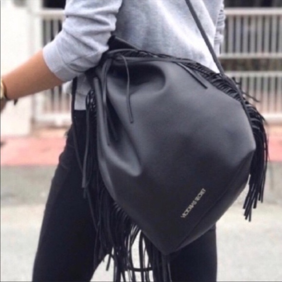Victoria's Secret Handbags - NWOT Victoria’s Secret VS Fashion Show black vegan leather fringe backpack